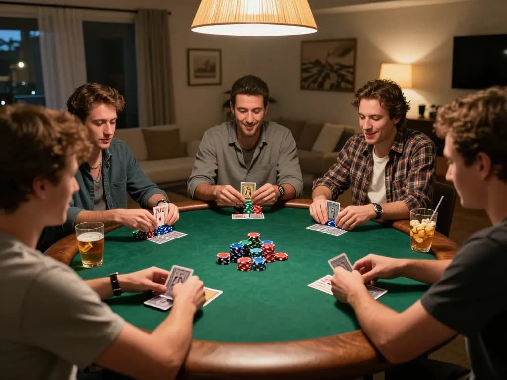 Friends enjoying a thrilling poker night at home, with sunwin elements in gameplay.