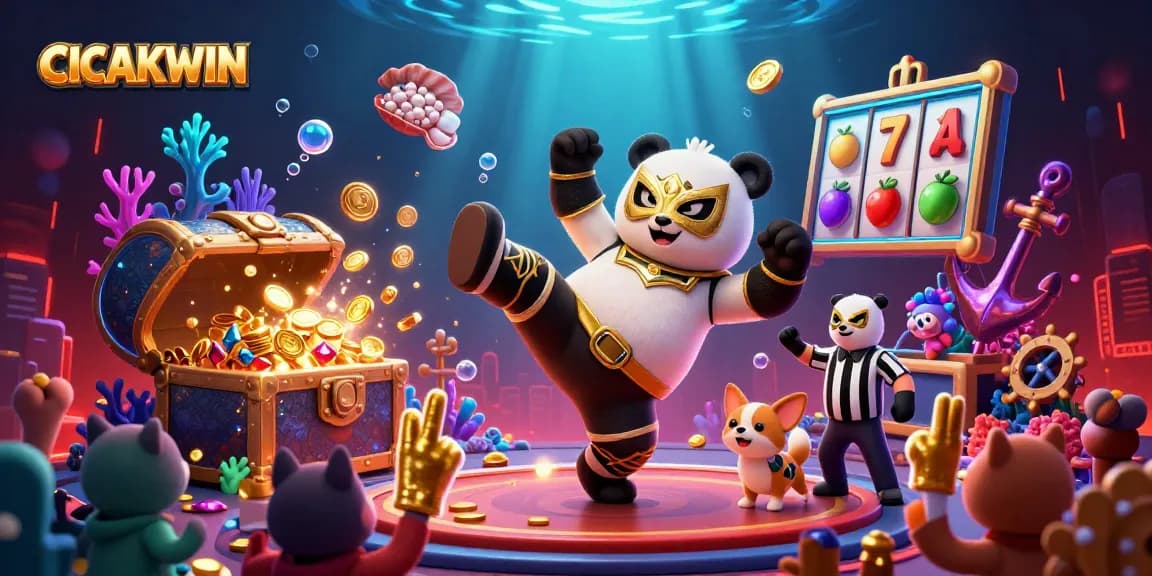 CICAKWIN casino scene features a wrestling panda in action, surrounded by slot game elements and excited spectators.