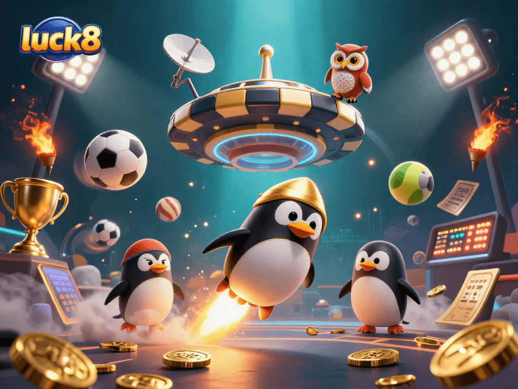 Experience the thrilling adventure of luck8 as a golden penguin soars through a casino cosmos.