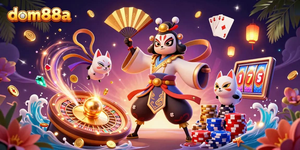 Experience thrilling wins at dom88a with a dynamic casino scene featuring vibrant characters and exciting game elements.