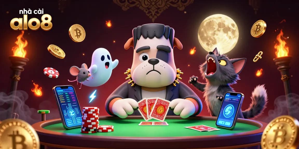 Play at nhà cái alo8 with a spooky 3D casino illustration featuring a Frankenstein bulldog dealer.
