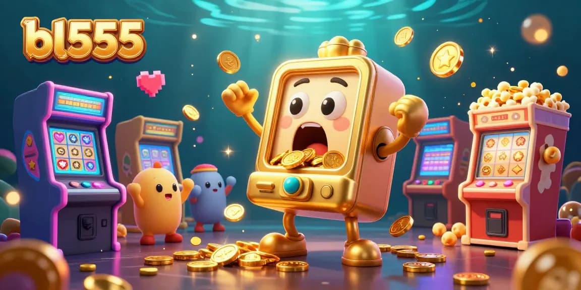 Win big at bl555 with a delightful cartoon slot machine celebrating its jackpot in an exciting casino scene.