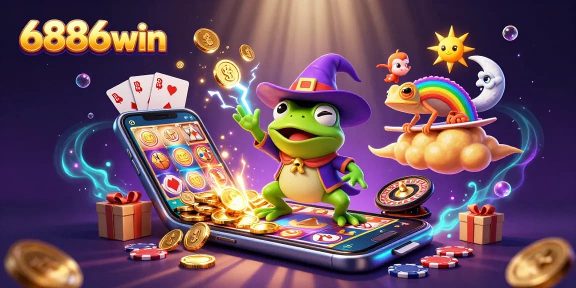 Experience the excitement of 6886win as a wizard frog conjures golden coins amidst vibrant casino elements.