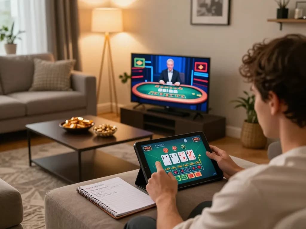 Player engaging in an exciting blackjack game on TG88 app, showcasing live dealer interaction in a cozy home setting.