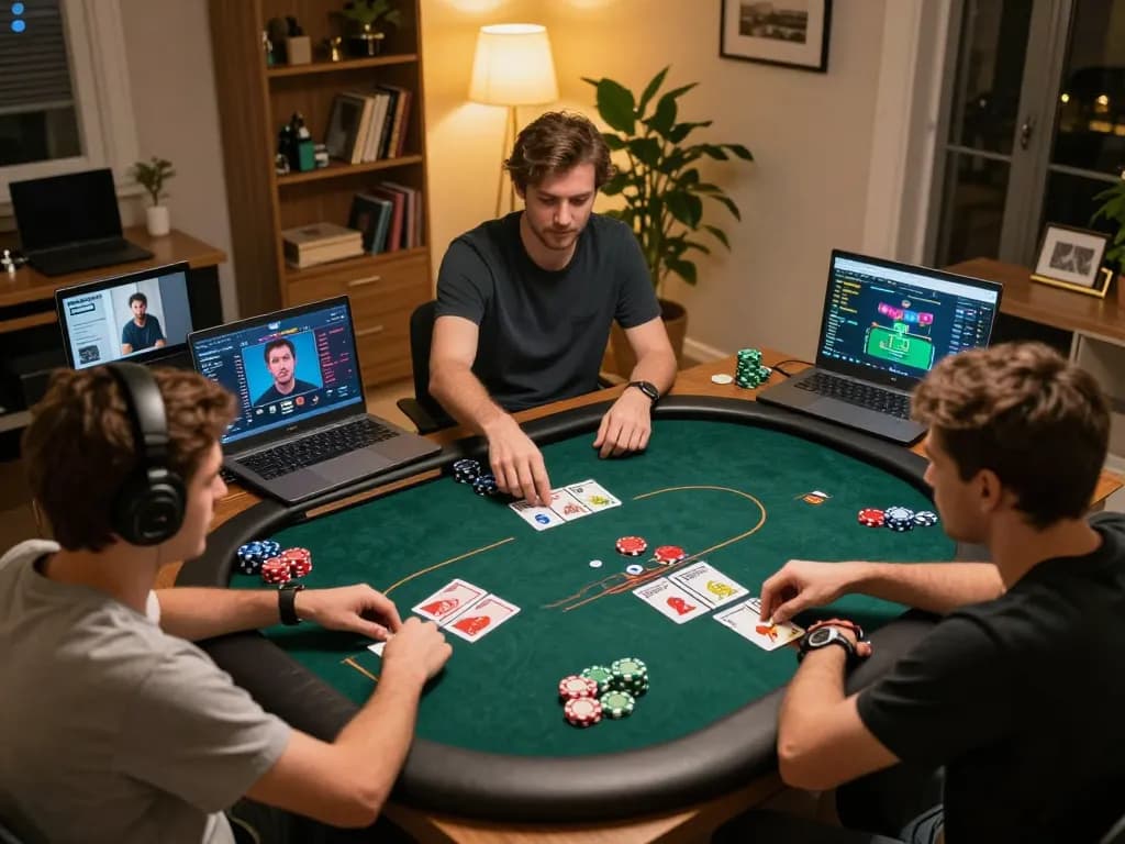 Players strategizing during an online poker game session at 789win 37 in a cozy setting.