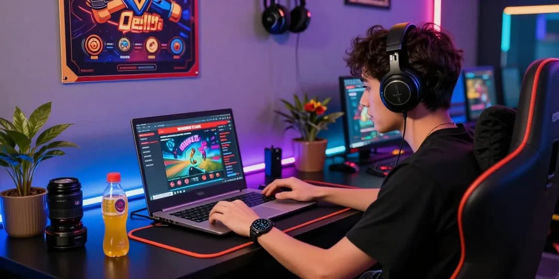 Immersive gaming scene with young adult engaging on red88m7.com platform, showcasing vibrant atmosphere and gaming setup.