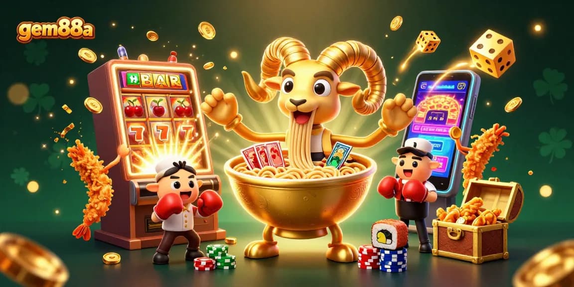 Experience the thrill of gem88a with a vibrant scene of cartoon characters surrounded by dynamic casino elements.