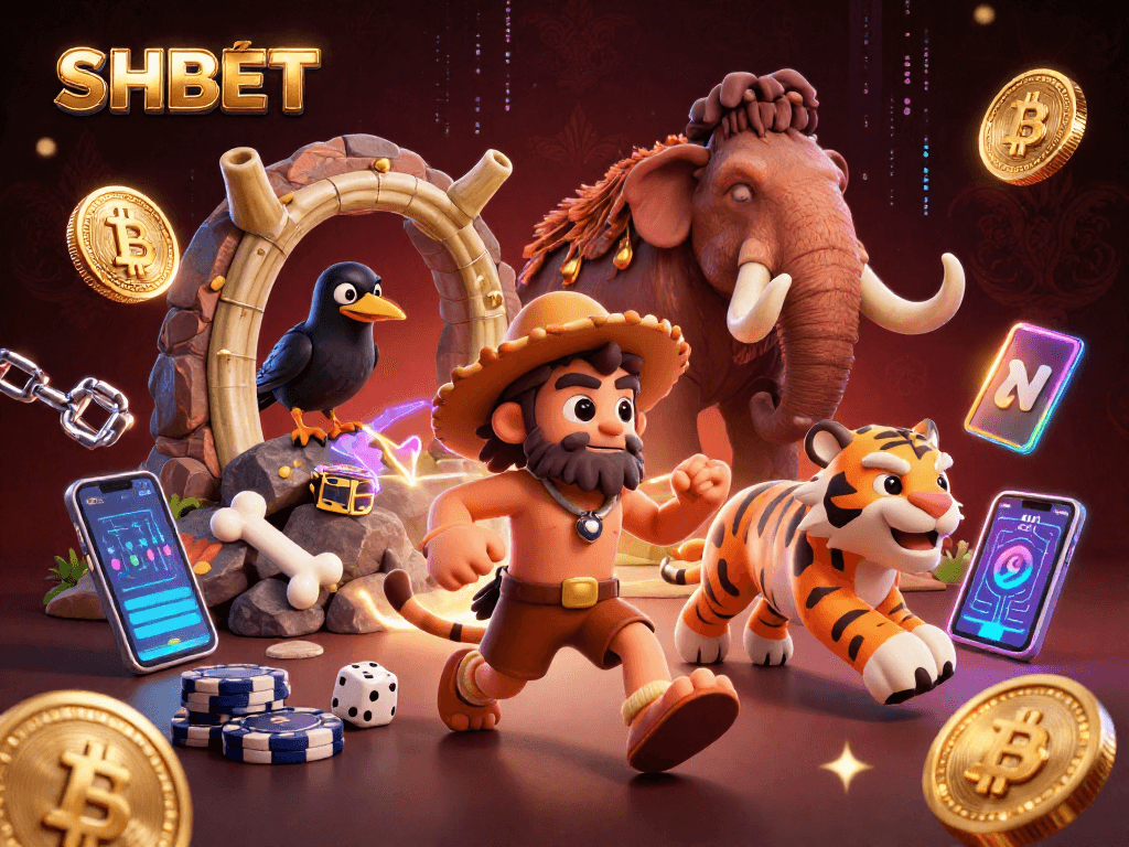 Engage with SHBET as a 3D cartoon scene featuring animated characters and crypto elements in a vibrant casino.