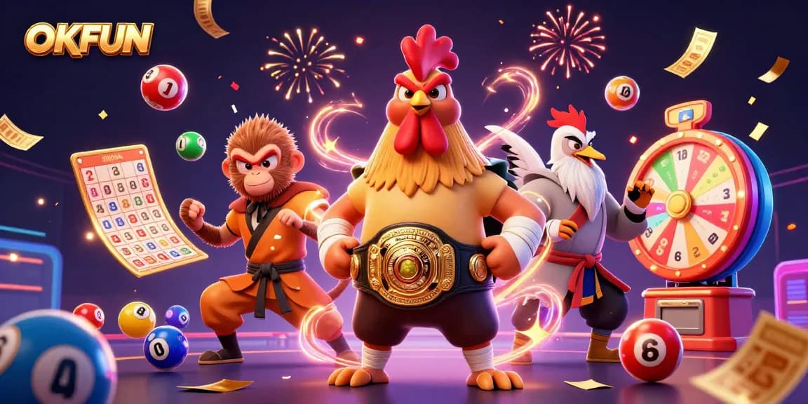 Engage with the thrilling world of OKFUN where vibrant 3D characters celebrate winning moments in gambling.