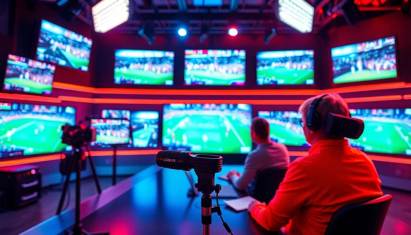 Sports Broadcasting professionals engaging in live commentary within a vibrant studio environment.