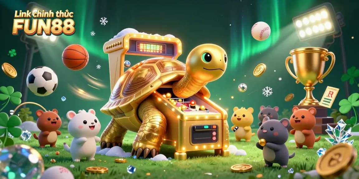 Engage with "Link chính thức FUN88" through a vibrant 3D gaming scene featuring playful characters and dynamic sports elements.