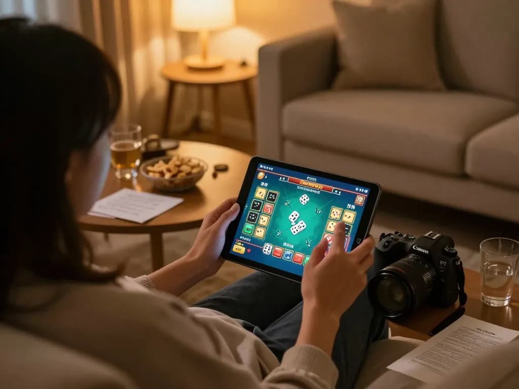 Engaging in tai xiu online gameplay on a tablet in a cozy home environment, showcasing comfort and strategy.