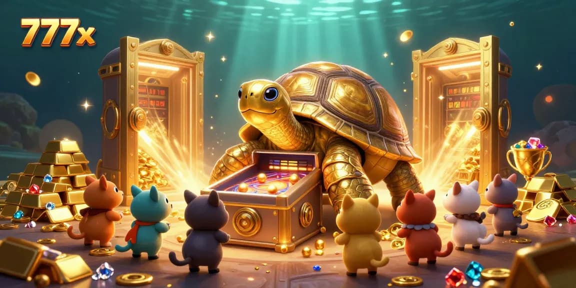 Experience thrilling fun at 777x with a captivating scene of a colossal golden tortoise and vibrant treasures.