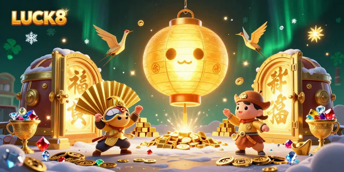 LUCK8 characters celebrating wins at a vibrant casino with rich details and lucky symbols.