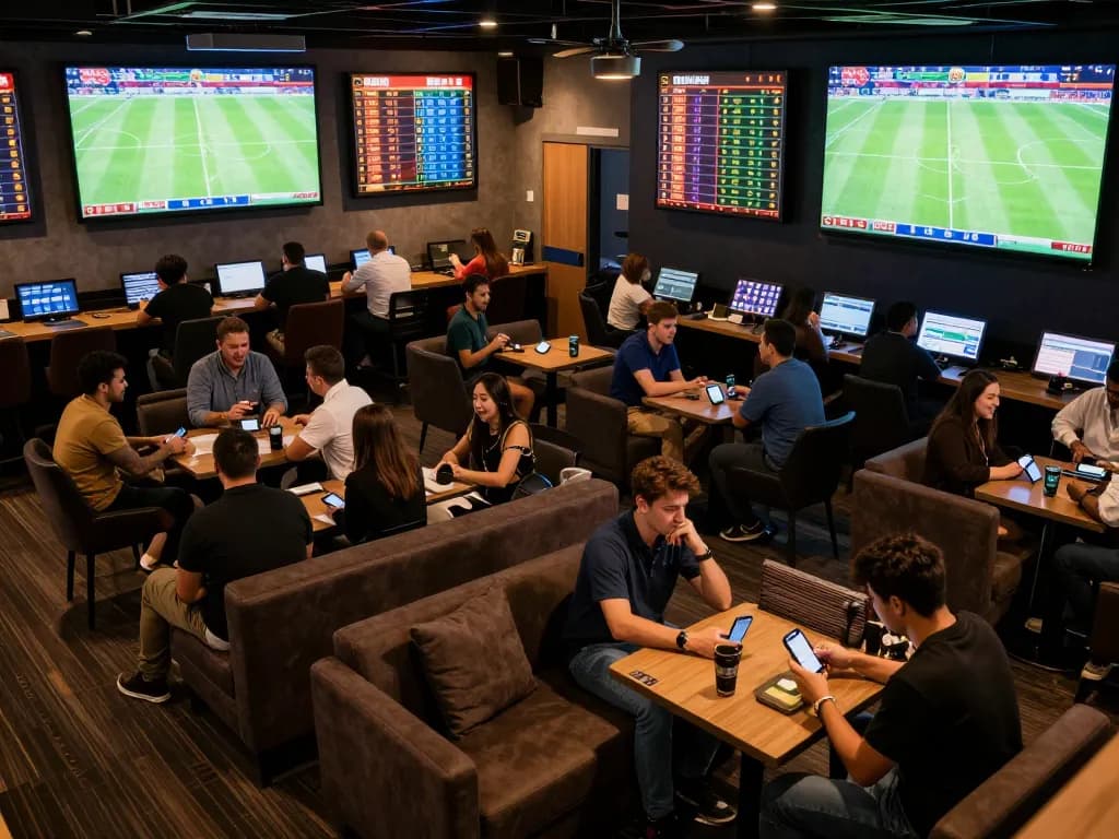 Nowgoal users engaging with live football scores and placing bets in a lively sports lounge.