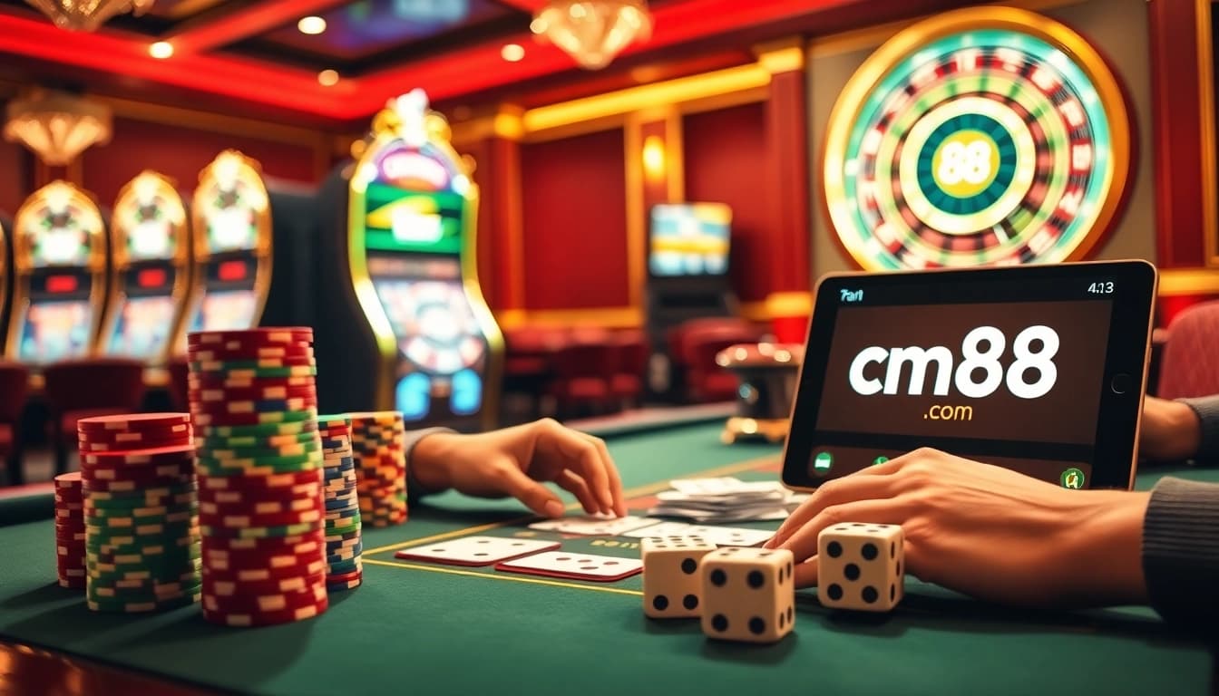 A thrilling gaming experience at cm88. com featuring poker chips and winning dice rolls.