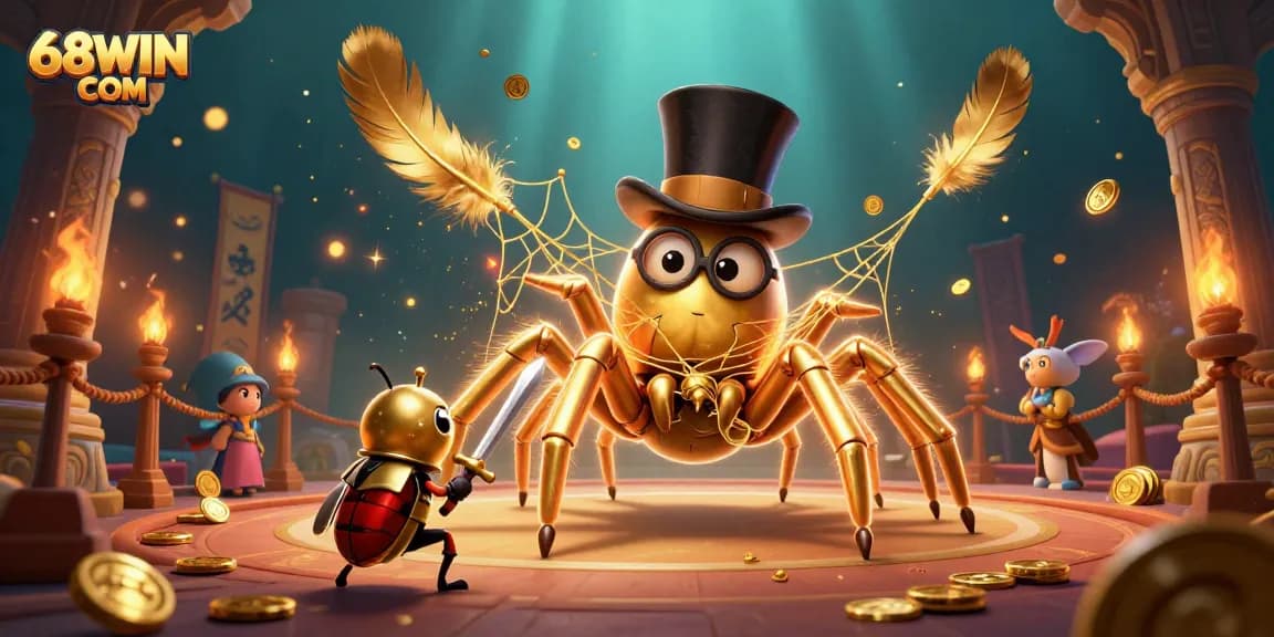 Engage in thrilling moments at 68WIN COM as a brave beetle knight confronts the golden tarantula amidst gambling excitement.