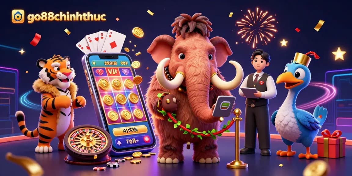Engage with go88chinhthuc's lively 3D illustration featuring a mammoth bouncer and vibrant casino elements.