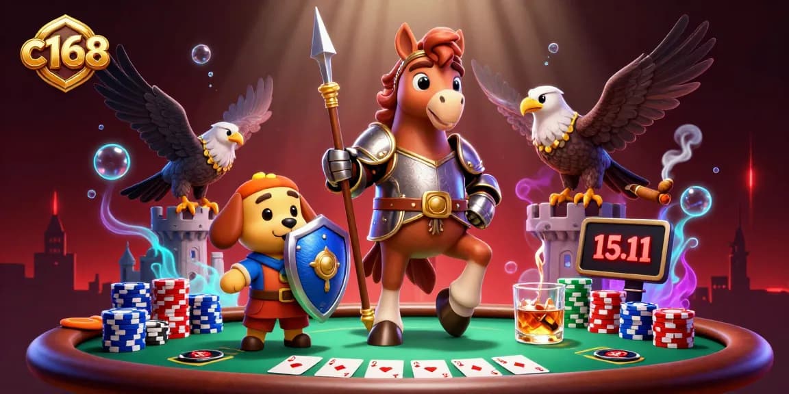 Engage in high-stakes poker action with c168, featuring knights, chips, and vibrant casino elements.