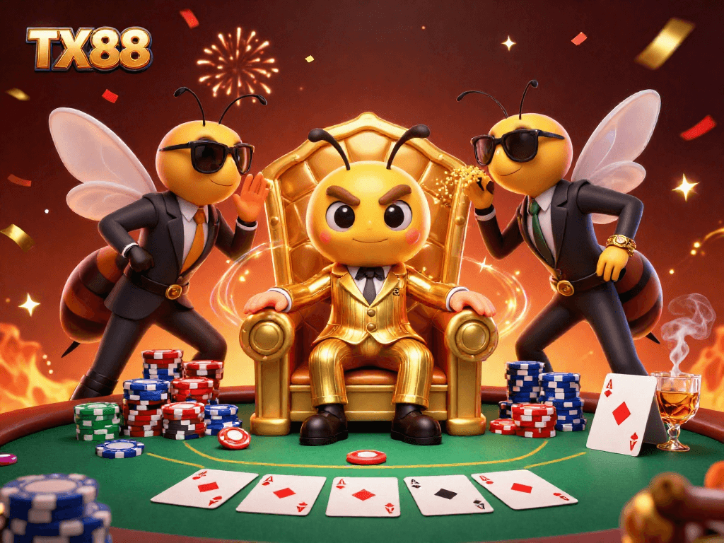 Engage in winning strategies with TX88 at this captivating 3D casino scene featuring vibrant elements.