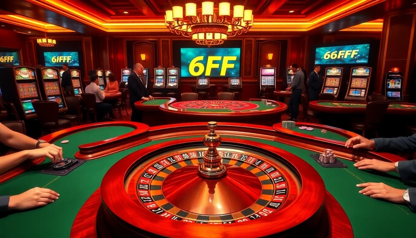 Experience the excitement of 6FF Casino with players enjoying lively games at elegantly designed tables.