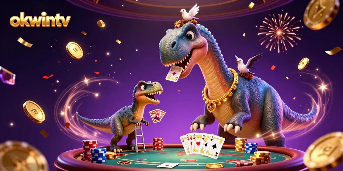 Experience exciting poker action with okwintv in a vibrant 3D casino scene filled with colorful chips and cards.