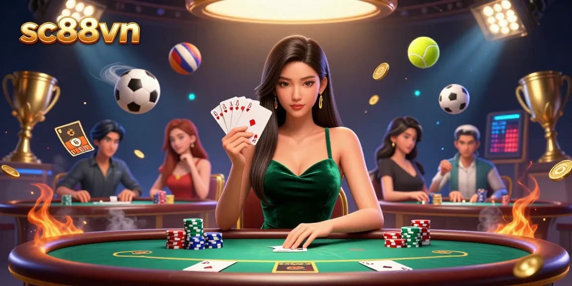 Join the excitement at SC88VN while playing cards at a luxury poker table.