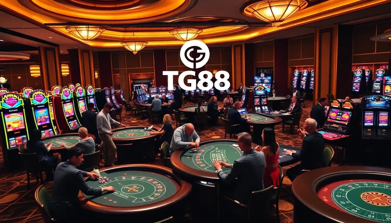 Gamblers enjoying a vibrant casino atmosphere at TG88 with live dealers and slot machines.