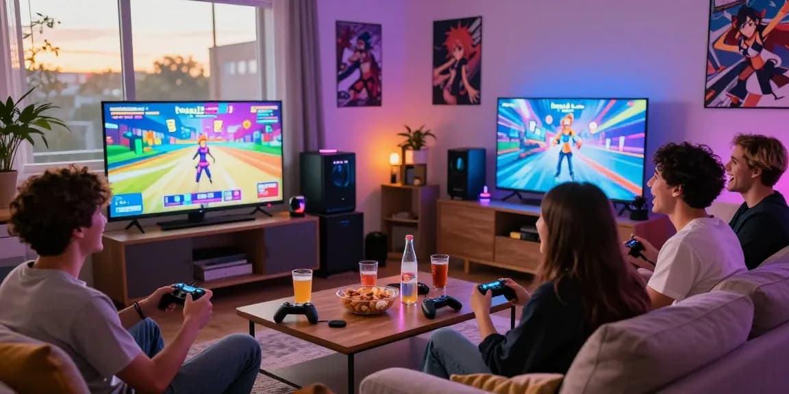 Group of friends enjoying a hentaigame session in a vibrant living room.