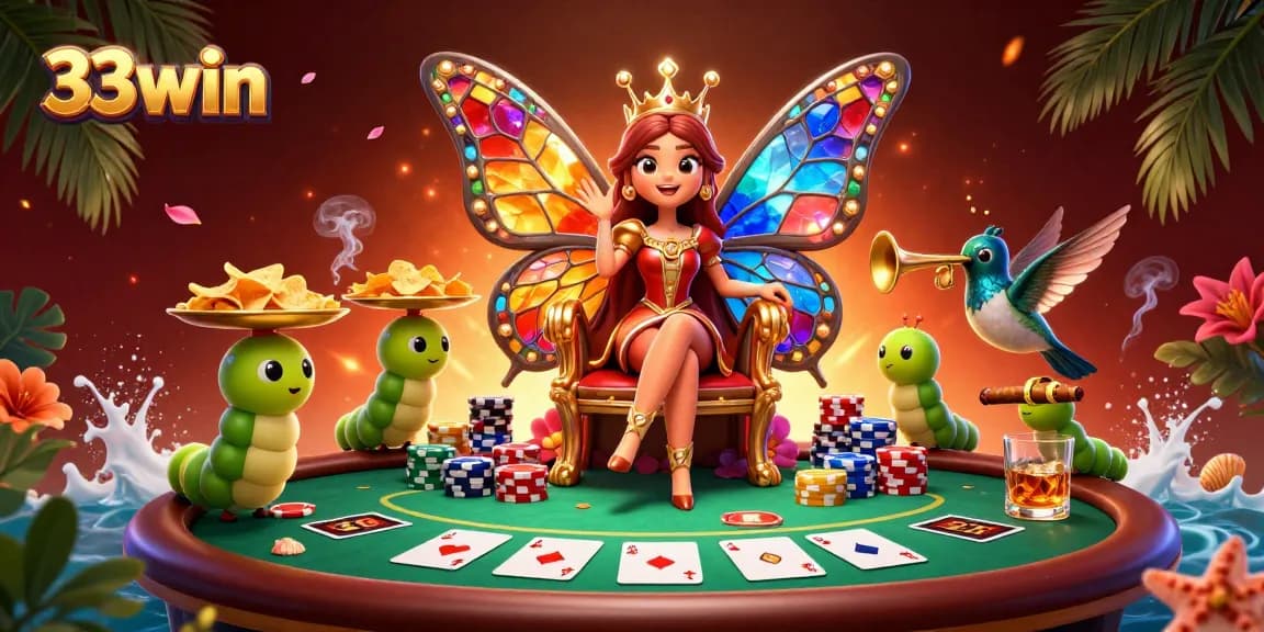 Engage with 33win's vibrant casino world featuring a butterfly queen and poker elements.
