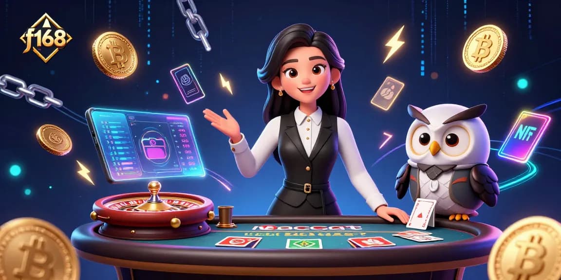 Engage in thrilling baccarat at f168 with a stunning dealer scene and neon elements.