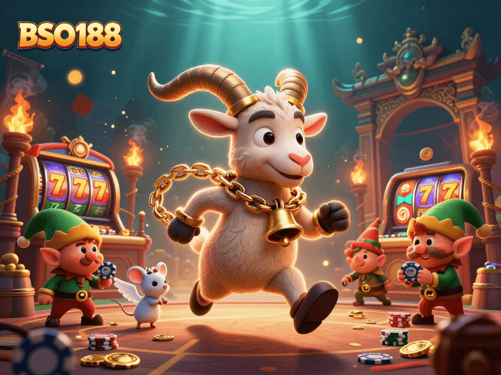 Experience thrilling gameplay with BSO188 in a vibrant casino scene featuring magical creatures, gold coins, and exciting gaming action.