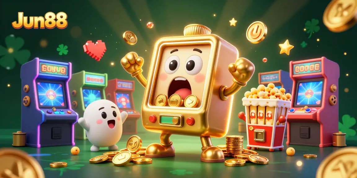 Jun88 slot machine wins jackpot surrounded by cheering machines and glowing elements.