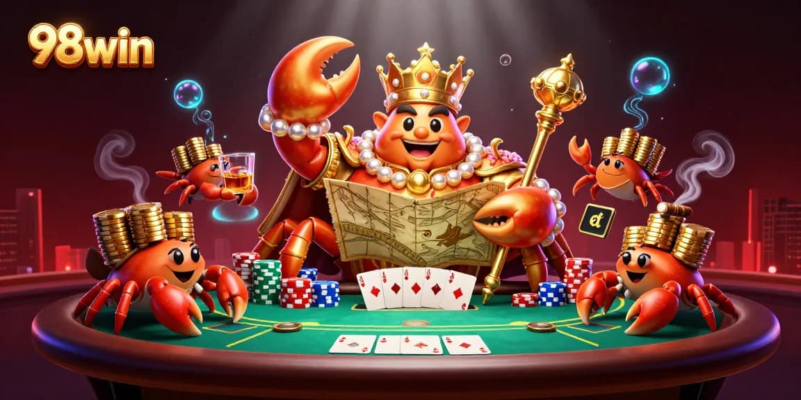 Engage with vibrant 98win gaming activities as a golden crab emperor presides over a lively poker scene.