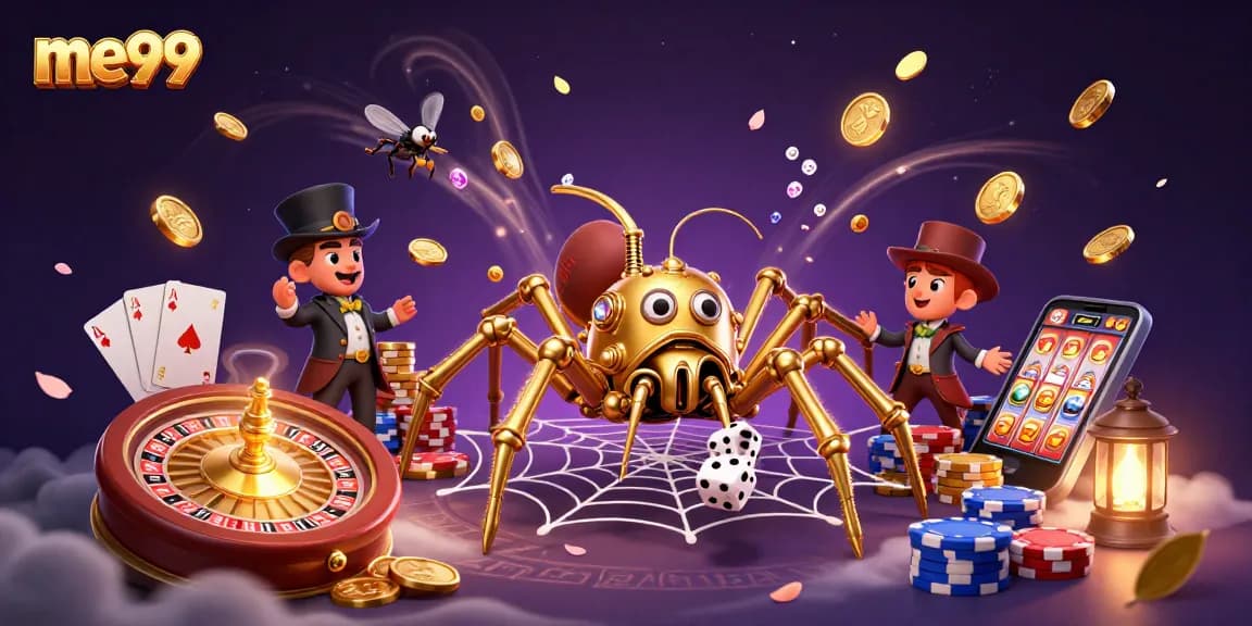 Catch the excitement at me99 with this vibrant illustration of a golden spider and gaming elements.