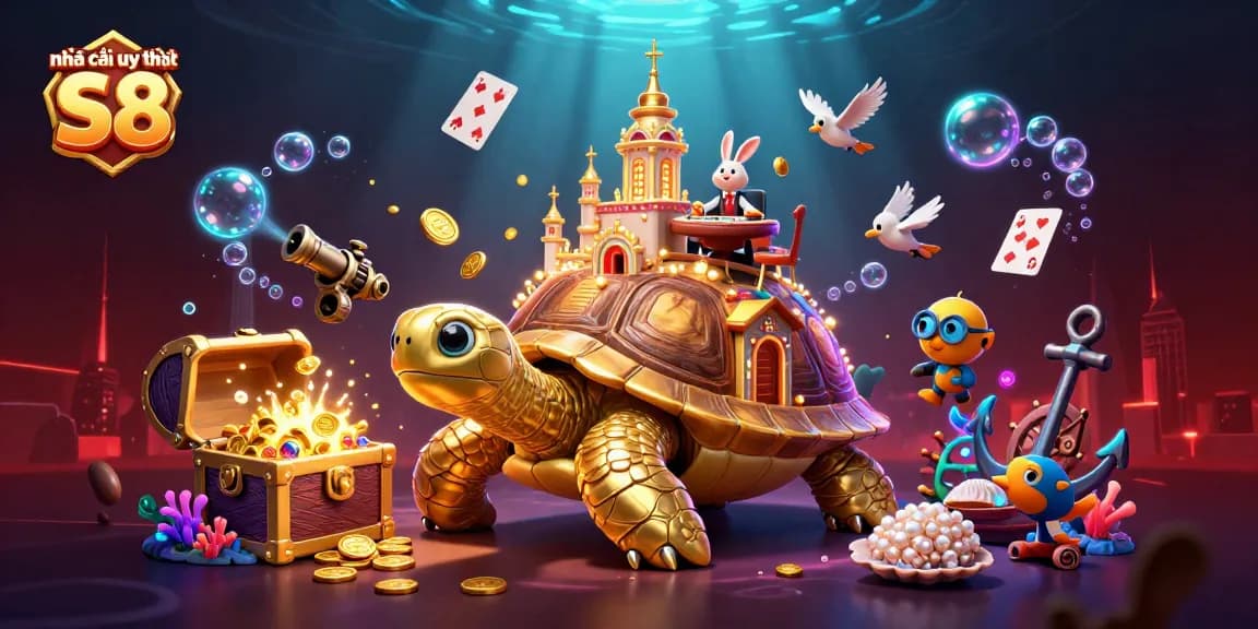 Engage with Nhà cái uy tín S8 featuring a giant tortoise casino and vibrant game elements in a dynamic scene.