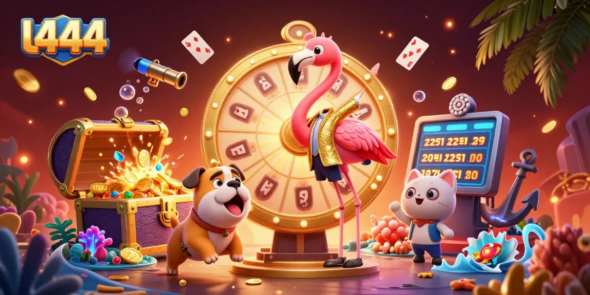 l444 showcases thrilling moments with flamingo host and bulldog contestant in a vibrant casino scene.
