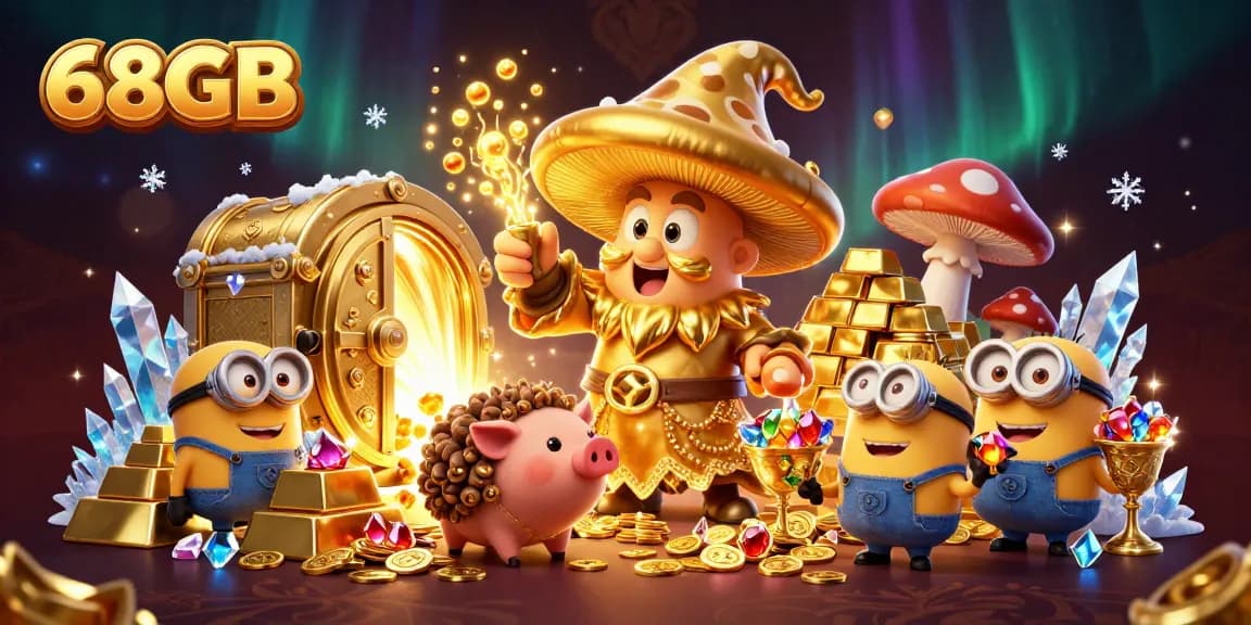 Spin to win at 68GB Casino with golden treasures, gems, and a magical wizard in a vivid scene.