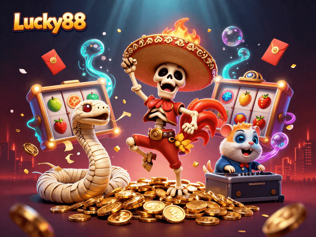 Join the fun at Lucky88, where a skeleton mariachi dances on golden coins amidst lively casino elements.