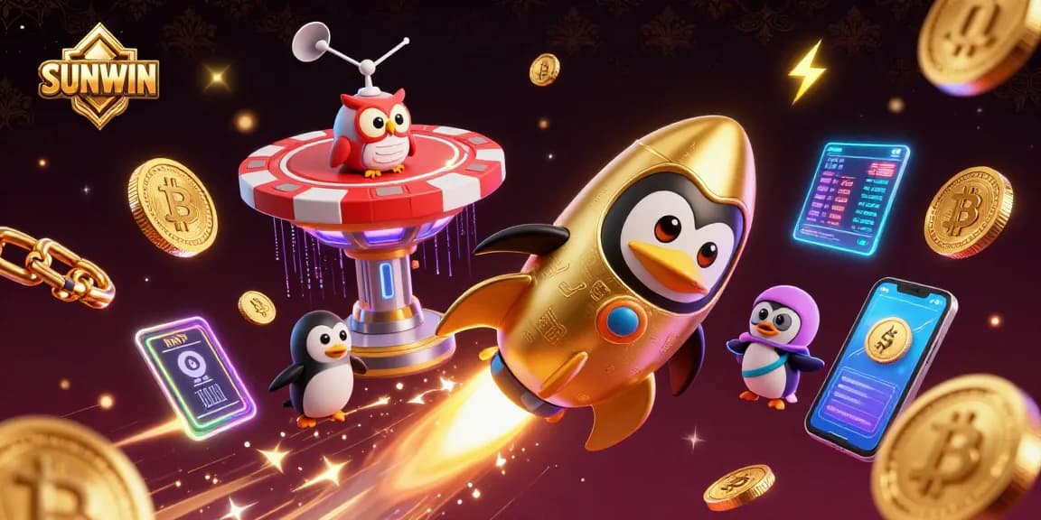 SUNWIN captures the excitement of online gaming with a golden penguin blasting through space toward a glowing casino chip.