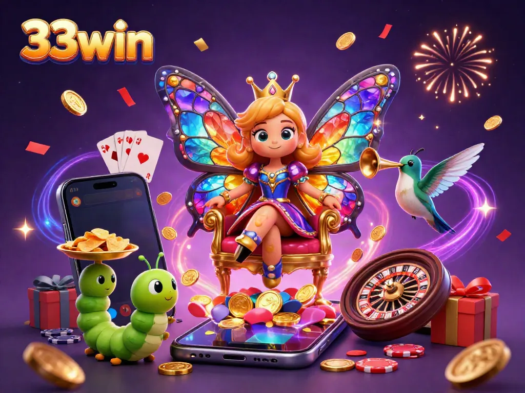 Experience the vibrant world of 33win with dazzling games and magical characters in this 3D casino illustration.