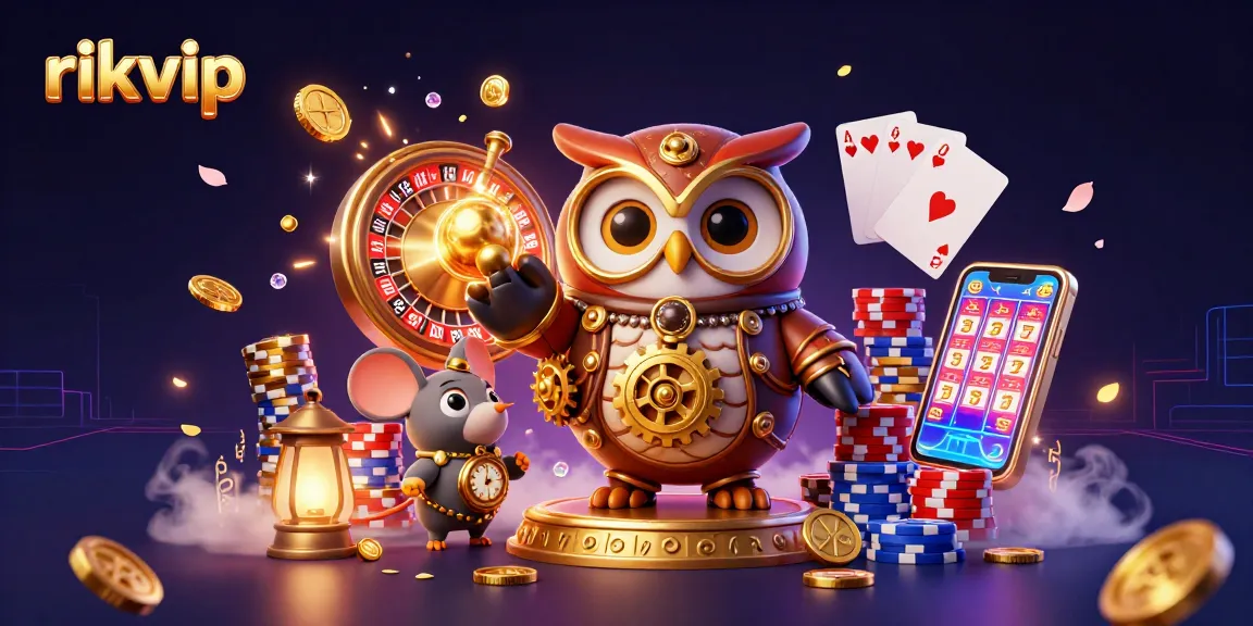 Experience winning spins at rikvip with vibrant, dynamic casino elements and characters in a stunning 3D scene.