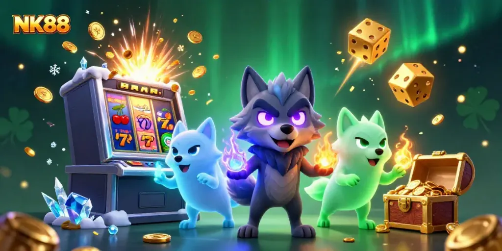 Experience thrilling casino action with NK88 as a shadow wolf and ghostly companions burst with jackpot excitement.