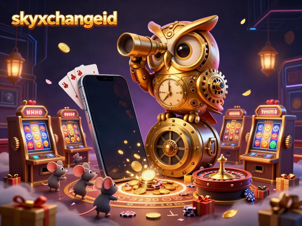 Engage in captivating gameplay with skyxchangeid, where a golden owl and playful mice bring the casino to life.