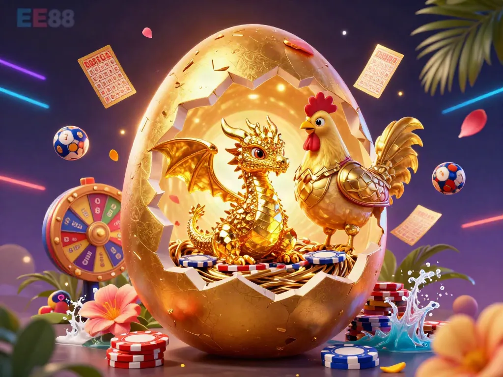 Engage with EE88's vibrant gaming world showcasing a golden dragon amidst a nest of poker chips.