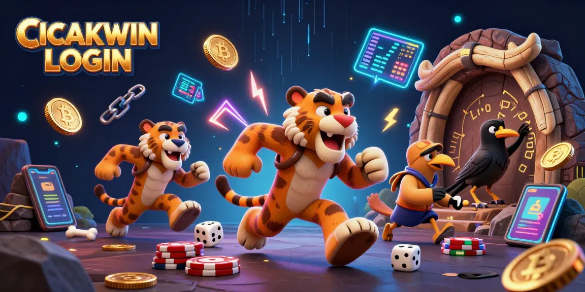 CICAKWIN LOGIN scene engaging players in a prehistoric casino with a caveman duo and vibrant 3D crypto elements