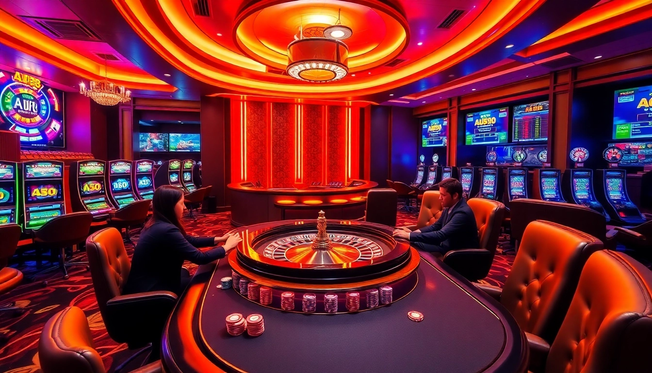Players enjoying poker and roulette at an AU88 casino, showcasing luxury and excitement.