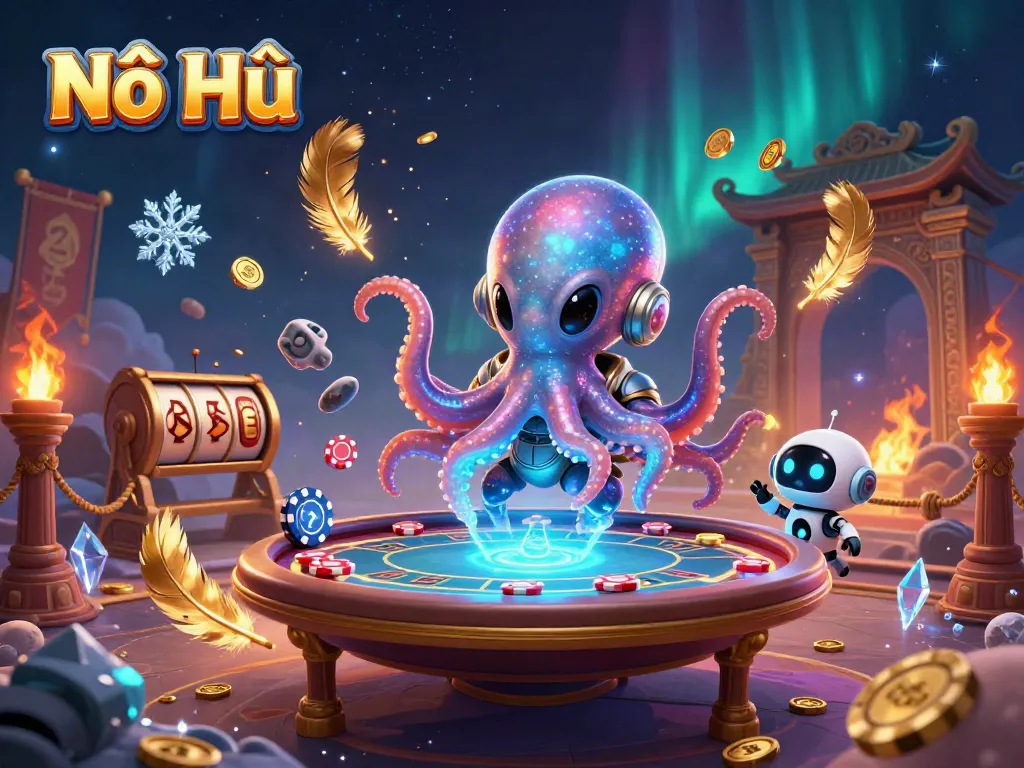 Experience thrilling Nổ Hũ action with a dazzling 3D illustration showcasing an alien octopus and poker elements.