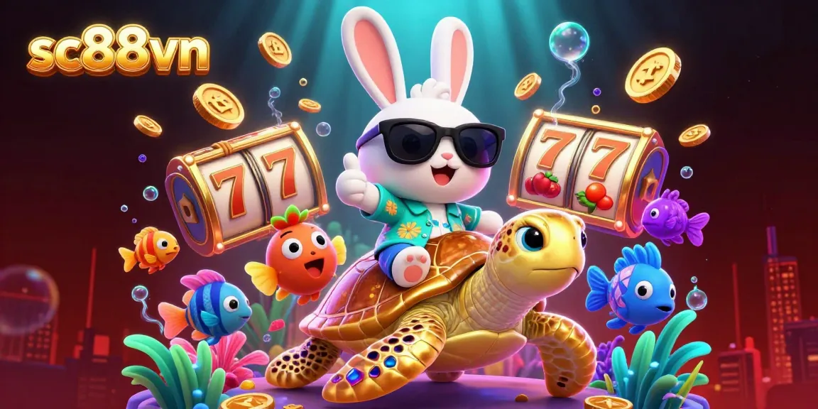Experience thrilling gaming with sc88vn as the lucky rabbit rides a golden turtle amid vivid casino elements.