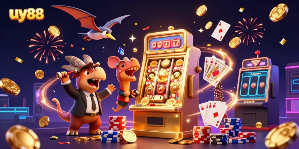 Trò chơi uy88 hấp dẫn với hình ảnh khủng long tham gia máy slot đang trả thưởng.